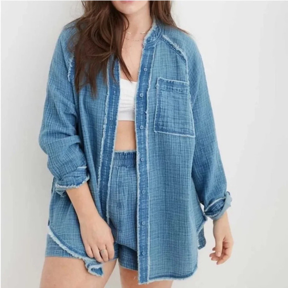aerie Tops - SKU 2 Aerie Pool-To-Party Cover Up Shirt blue XL